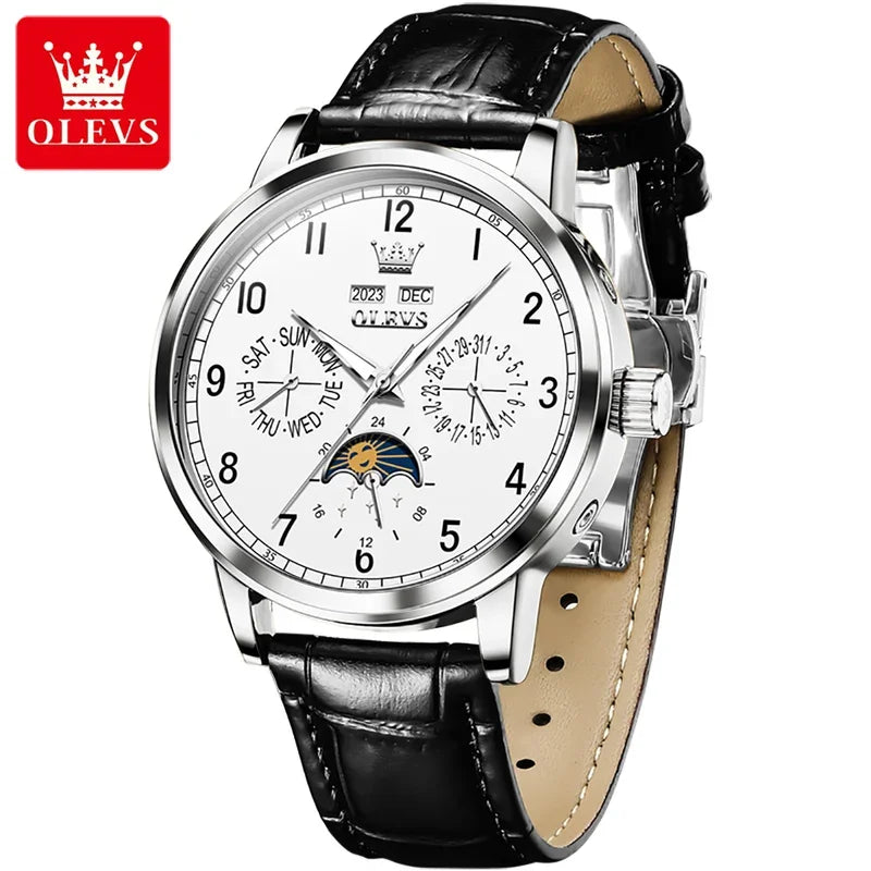 Olevs 6698 automatic watch luxury leather strap calendar waterproof luminous moon phase mechanical watch men