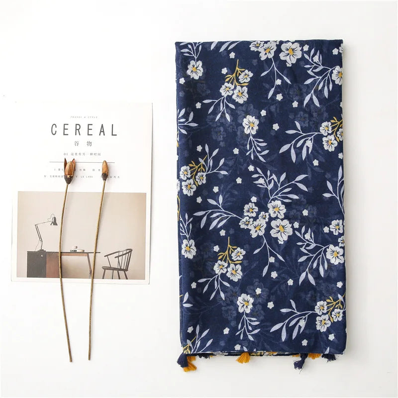 88*180cm Bohemia Flower Women Scarf Shawl Cotton Linen Feeling Tassel Pashmina Muslim Hijab Wrap Lady Viscose Scarf