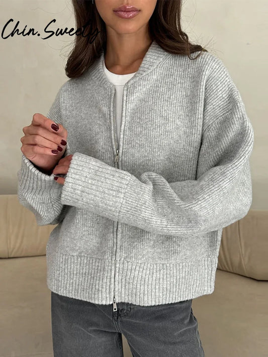 UZSC Women Vintage Knit Cardigan Casual Full Sleeve Zipper O Neck Pleated Solid Lady Sweater 2025 Autumn Fashion Female Knitwear