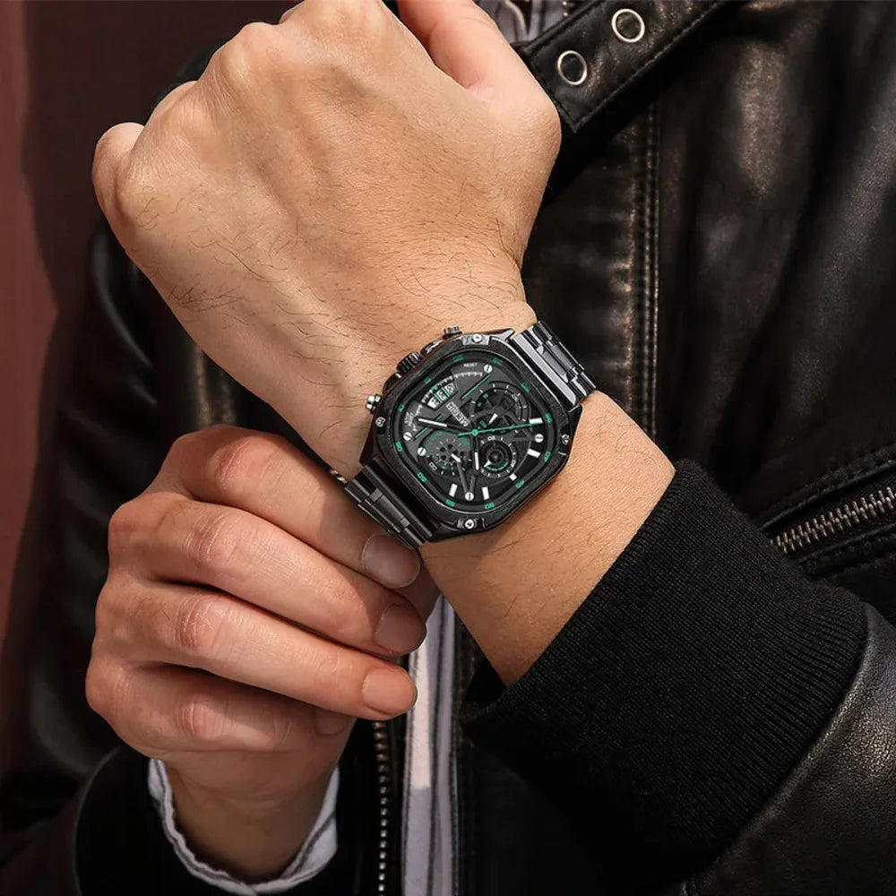 MEGIR Watches for Men Quartz Square Steel Band Butterfly Buckle Luminous Waterproof Multifunctional Mens Watch Reloj Hombre