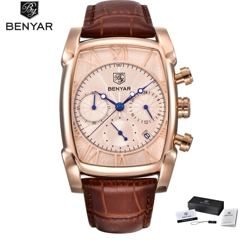 Relogio Masculino Mens Watches Top Luxury Brand BENYAR Chronograph Leather Quartz Watch Men Military Sport Rectangle Wristwatch