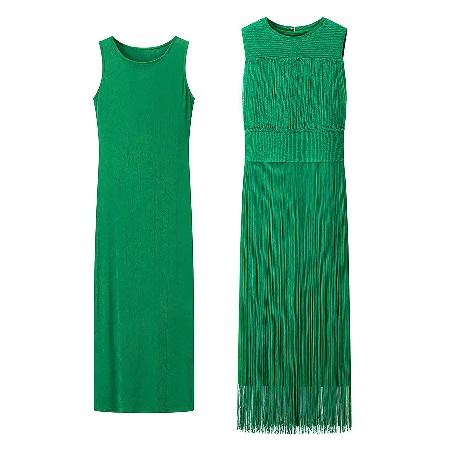 Summer Autumn Knitted Tassel Dress Two Piece Set Women Vintage Sleeveless Knitting Straight Midi Long Dresses