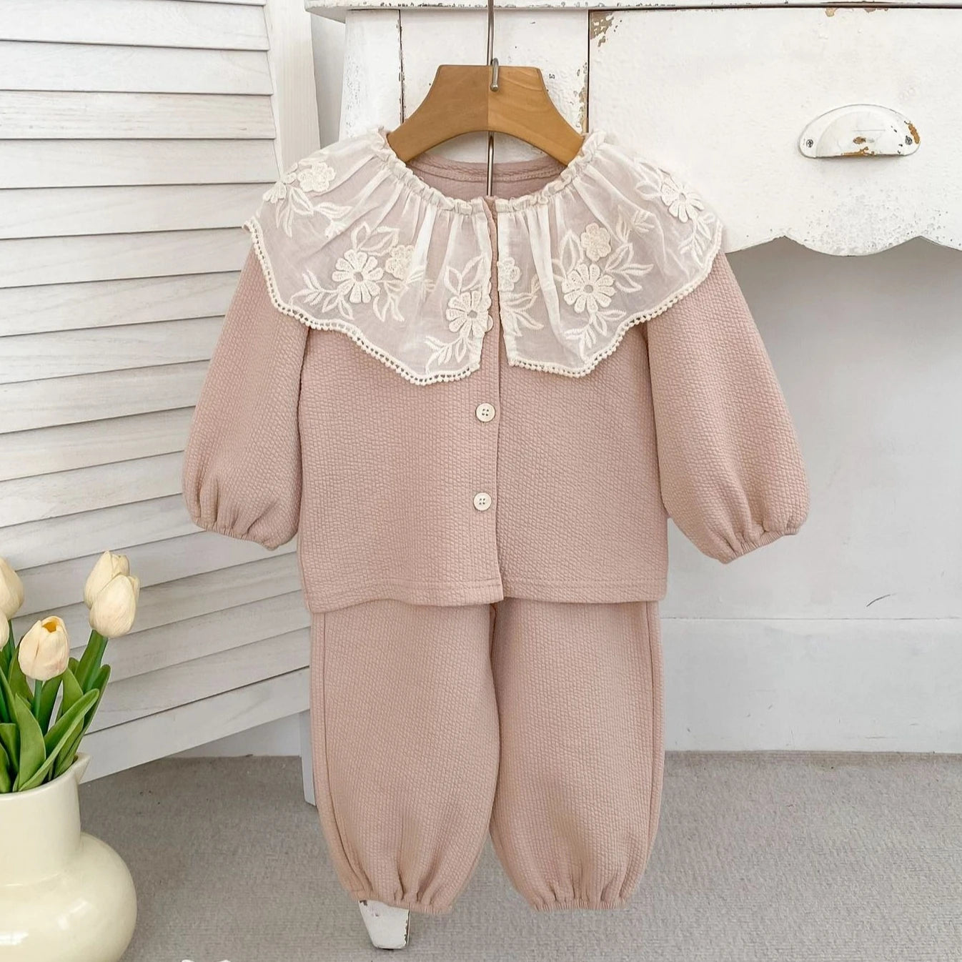Baby Clothing Set 2025 Autumn Spring New Girls' Long Sleeve Suit Cotton Lace Collar Cardigan +Pant Two-piece Suit