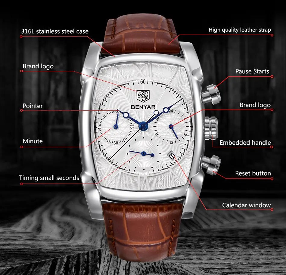 Relogio Masculino Mens Watches Top Luxury Brand BENYAR Chronograph Leather Quartz Watch Men Military Sport Rectangle Wristwatch