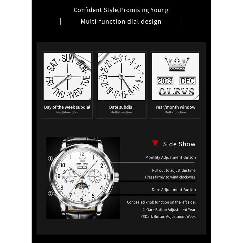 Olevs 6698 automatic watch luxury leather strap calendar waterproof luminous moon phase mechanical watch men