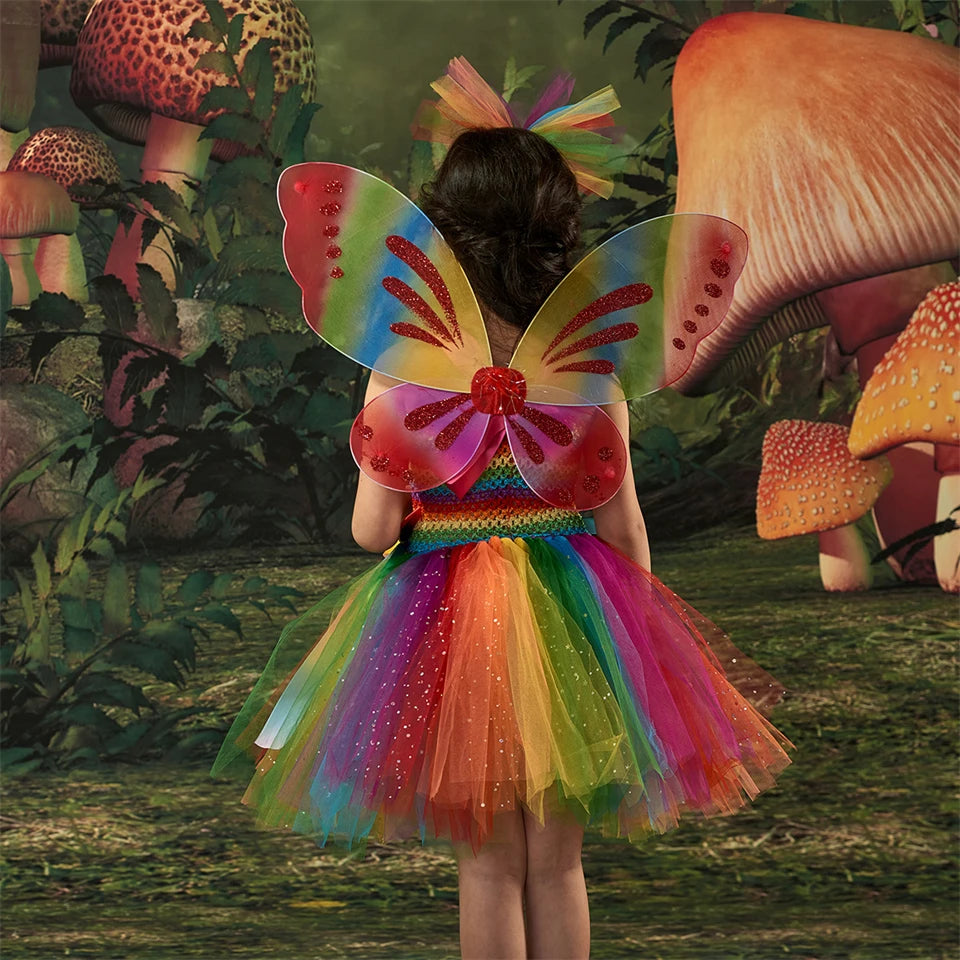 Rainbow Tutu Butterfly Fairy Dress for Girls Halloween Cosplay Elf Princess Birthday Party Dance Stage Play Performance Costume