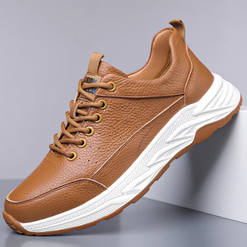 2025 Spring Autumn New Cow Leather Sneakers for Men Solid Color Fashion Casual White Shoes Male Lace Soft Sole Platform Shoe Man