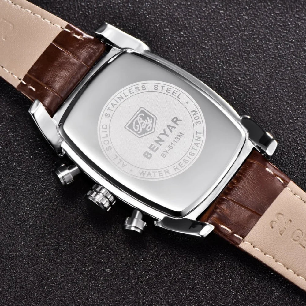 Relogio Masculino Mens Watches Top Luxury Brand BENYAR Chronograph Leather Quartz Watch Men Military Sport Rectangle Wristwatch