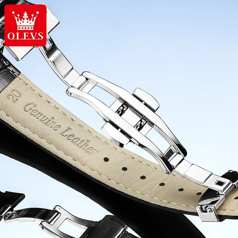 Olevs 6698 automatic watch luxury leather strap calendar waterproof luminous moon phase mechanical watch men