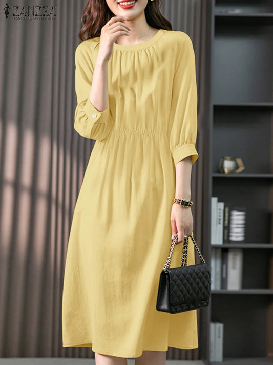 ZANZEA Elegant A-Line Dresses Woman 2025 Autumn Fashion Round Neck 3/4 Lantern Sleeve Gathered Robes Femme Commute Midi Vestidos
