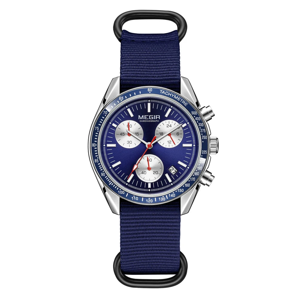 MEGIR Triple-eye Quartz Watch for Men's Nylon Braided Strap Waterproof Luminous Sports with Chronograph Fashion Wristwatch Male