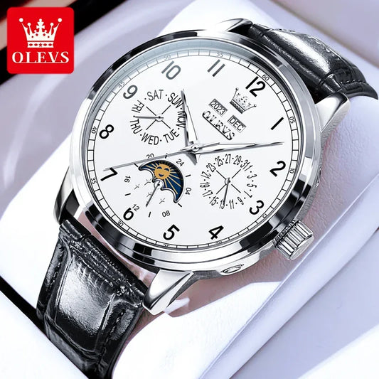 Olevs 6698 automatic watch luxury leather strap calendar waterproof luminous moon phase mechanical watch men