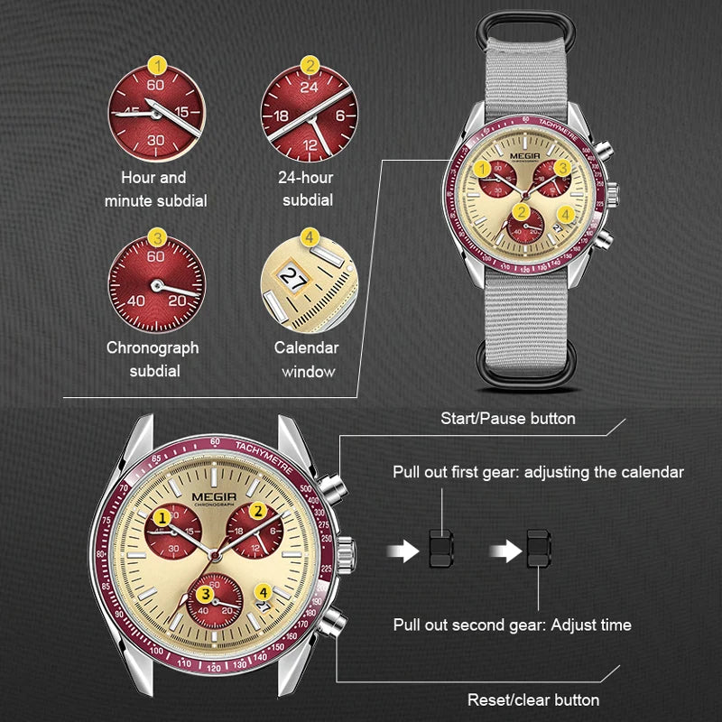 MEGIR Triple-eye Quartz Watch for Men's Nylon Braided Strap Waterproof Luminous Sports with Chronograph Fashion Wristwatch Male