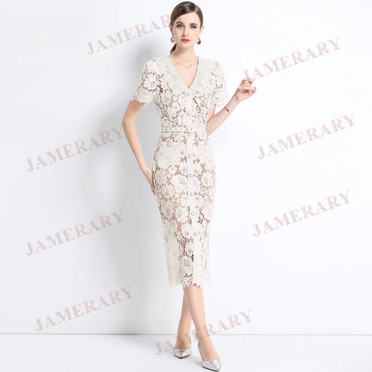 Summer Autumn Diamonds Embroidery Lace Long Sheath Dress Women Short Sleeve Luxury Formal Evening Long Dresses Party Vestidos