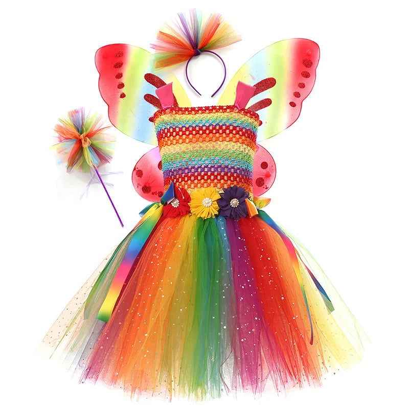 Rainbow Tutu Butterfly Fairy Dress for Girls Halloween Cosplay Elf Princess Birthday Party Dance Stage Play Performance Costume