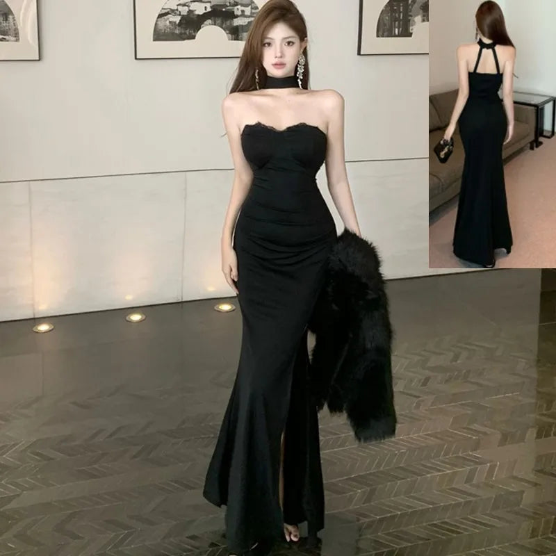 French Socialite Chic Black Strapless Halter Neck Evening Dress Women Elegant Lace Sexy Backless Bodycon Slit Formal Dress New