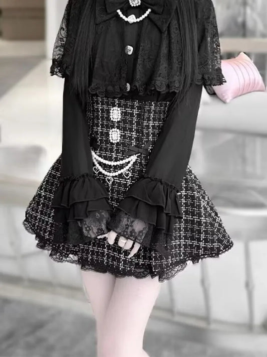 Kawaii Girl Pearl Bow Lace Cloak Shirt+High Waist Skirt Sets Japanese Girl Dresses Y2k Two Piece Sets Womens Outifits Autumn New