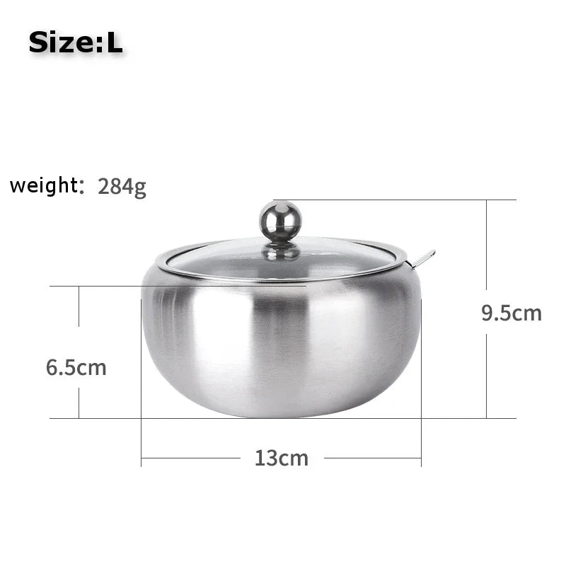 Stainless Steel Sugar Bowl with Clear Lid and Sugar Spoon for Home and Kitchen Drum Shape Spice Container Sugar Bowl Supplies