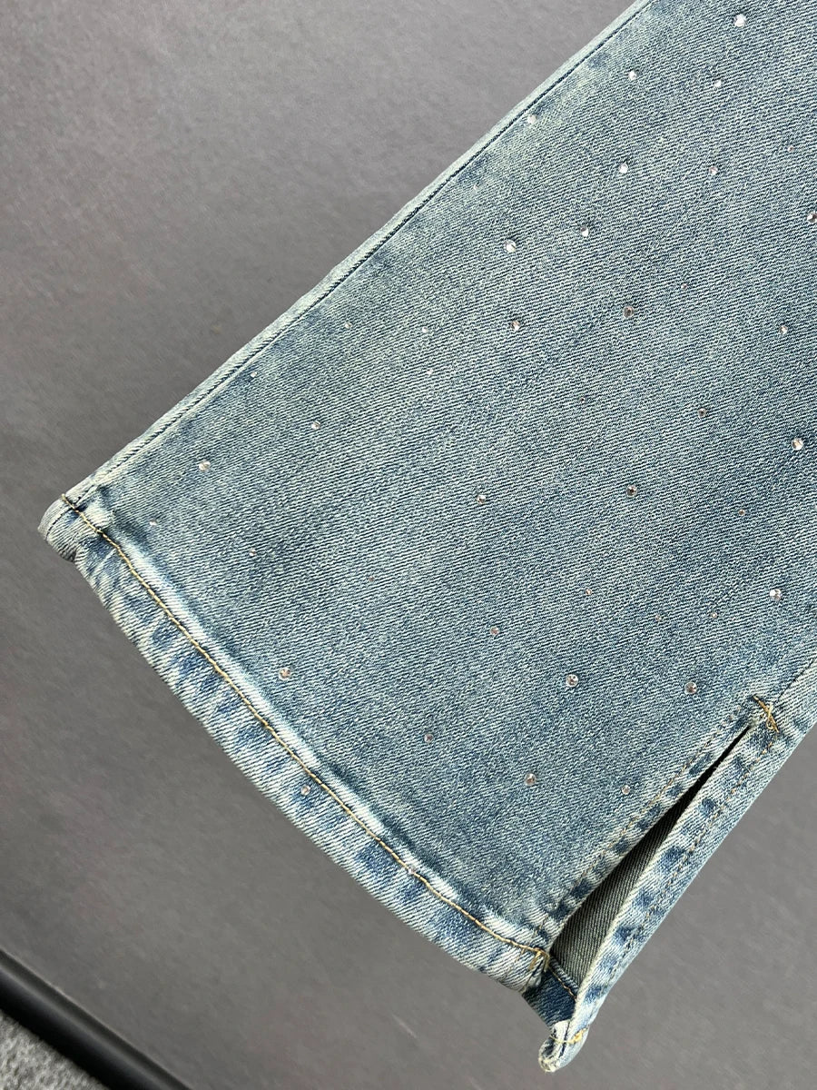 European Style Women's Jeans Trendy Spring Autumn New High Waist Slim Fit Heavy Embellished Flared Pants Long Denim Pants