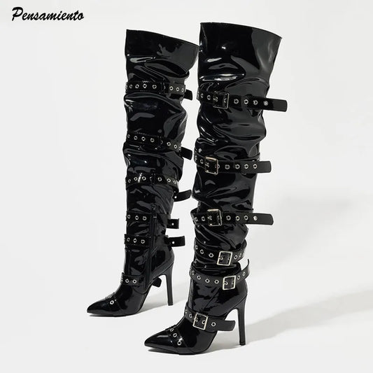 Autumn Winter Patent Leather Rivet Women Over the knee Boots Fashion Belt Strap Buckle High heels Thigh High Long Boots Shoes