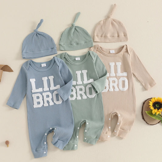 Baby Boys Fall Outfits Letter Pattern Long Sleeve Crew Neck Ribbed Rompers with Hat 2 Pcs Set 0-18M
