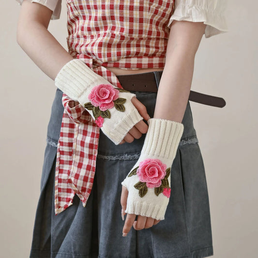Handmade Embroidered Rose Gloves Women Fingerless Flowers Cuff Gloves Romantic Floral Mittens Hand Warmer Winter Soft Guantes