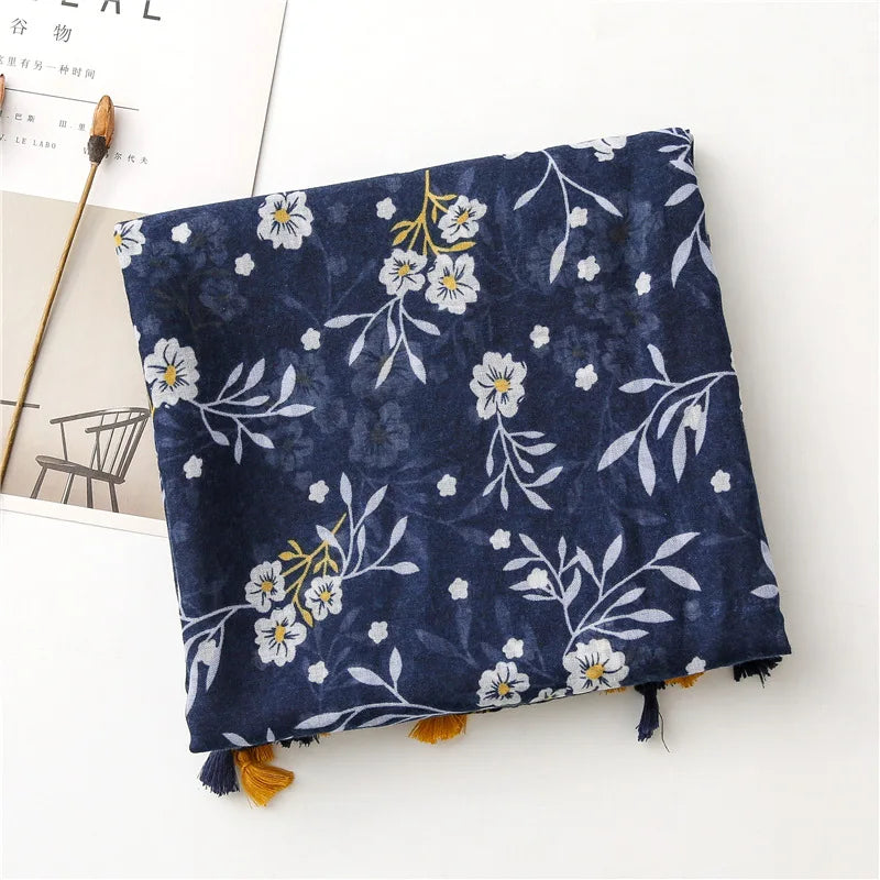 88*180cm Bohemia Flower Women Scarf Shawl Cotton Linen Feeling Tassel Pashmina Muslim Hijab Wrap Lady Viscose Scarf