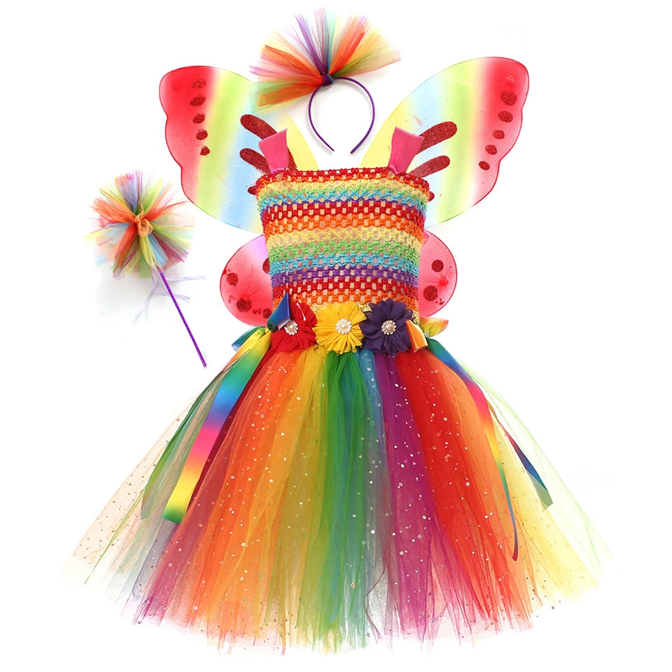 Rainbow Tutu Butterfly Fairy Dress for Girls Halloween Cosplay Elf Princess Birthday Party Dance Stage Play Performance Costume