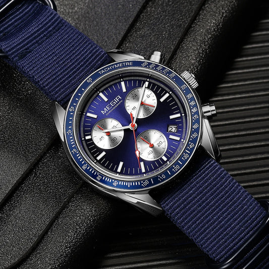 MEGIR Triple-eye Quartz Watch for Men's Nylon Braided Strap Waterproof Luminous Sports with Chronograph Fashion Wristwatch Male