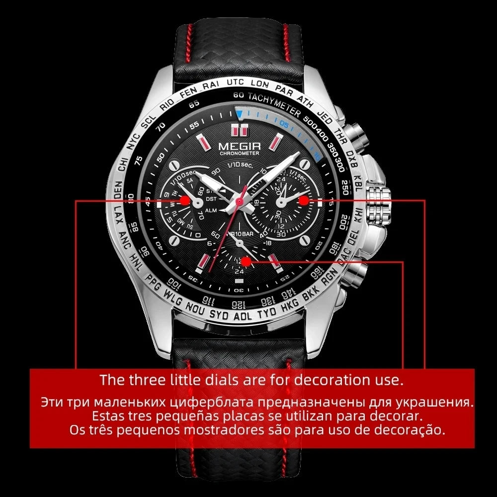 MEGIR 1010 Men's Quartz Watches Original Fashion Creative Clock Leather Strap Strap Analog Display Wrist Watches for Male Gift