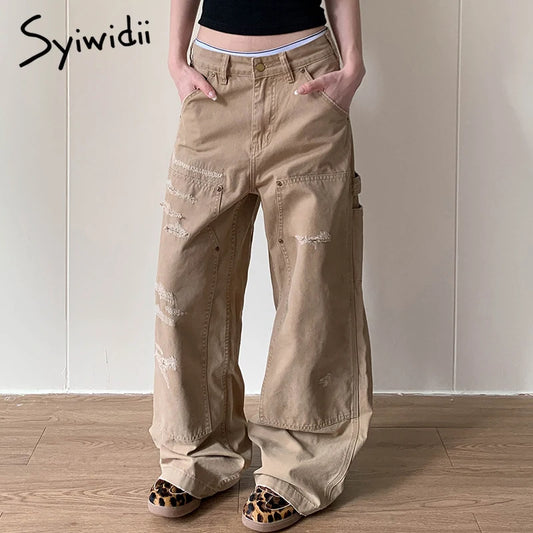 Syiwidii Women Vintage Baggy Jeans Washed Casual High Waist Wide Leg Ripped Denim Trouser 2025 Autumn American Style Cargo Pants