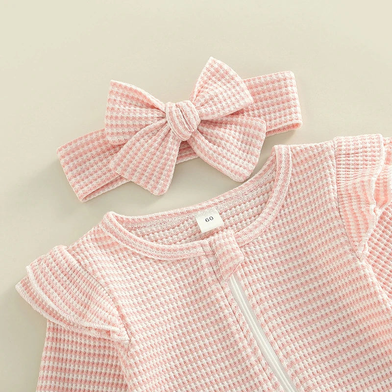 Baby Girls Romper Suit Long Sleeve Zipper Ruffle Patchwork Casual Party Street Spring Romper Headband