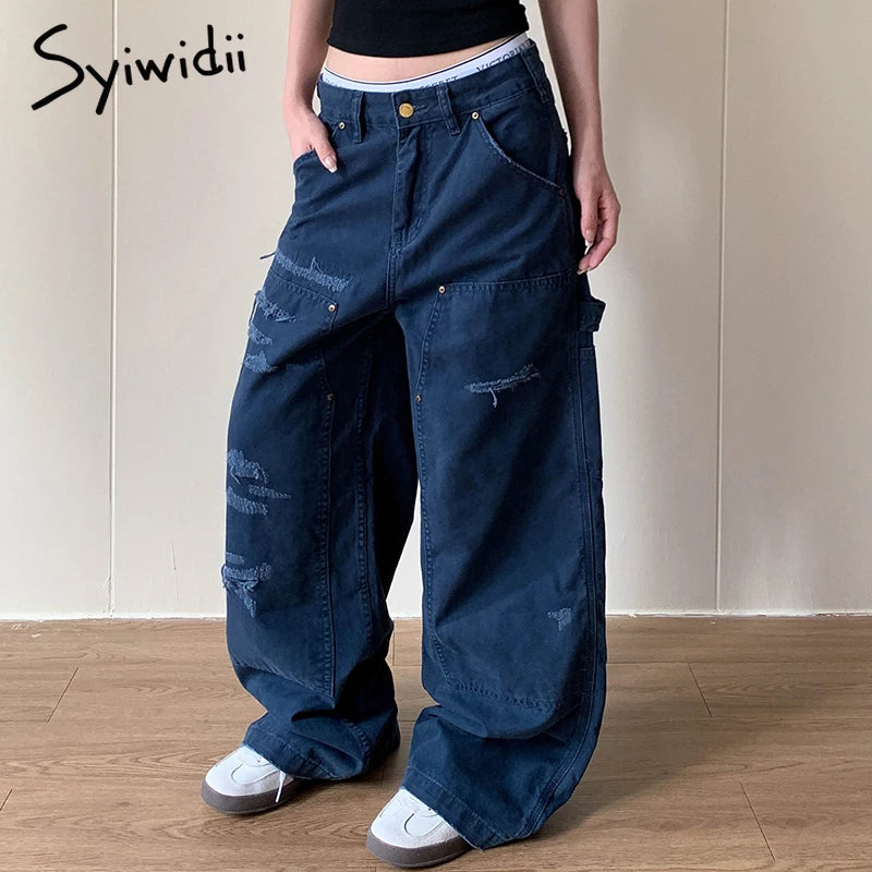 Syiwidii Women Vintage Baggy Jeans Washed Casual High Waist Wide Leg Ripped Denim Trouser 2025 Autumn American Style Cargo Pants