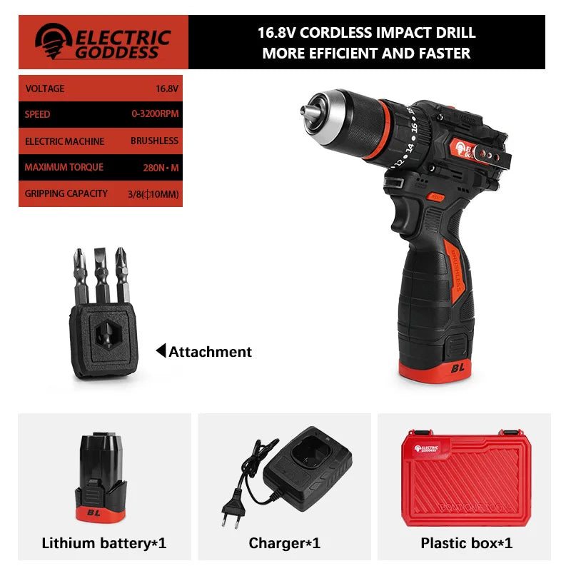 Drill Electric 16.8V 2 In1 Screwdriver Multi-function Power Tool 280Nm Torque Brushless Motor Screw Driver Electronics Repairing