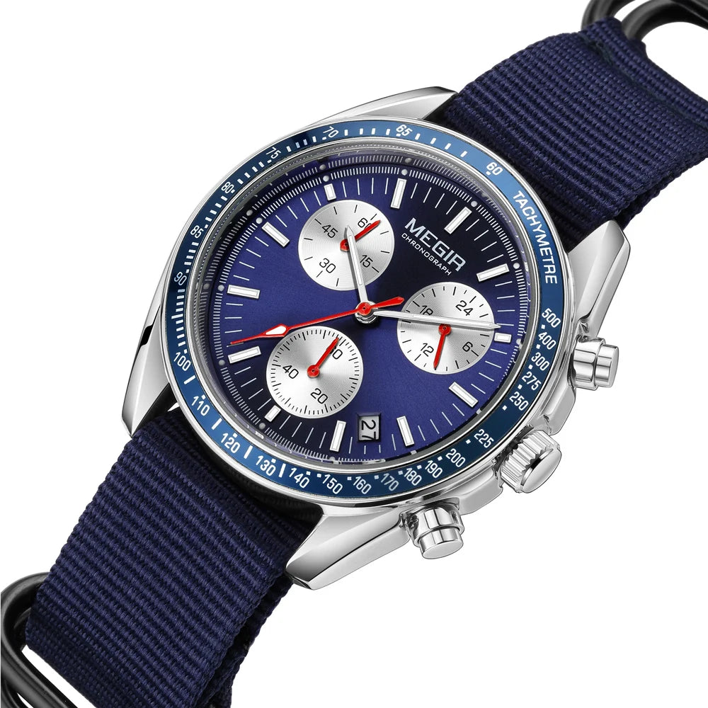 MEGIR Triple-eye Quartz Watch for Men's Nylon Braided Strap Waterproof Luminous Sports with Chronograph Fashion Wristwatch Male