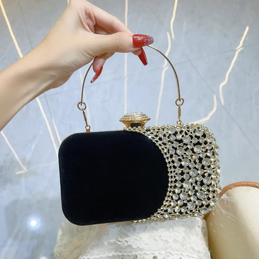 Hollow Design Women Evening Bags Velvet Glitter Fashion Ladies Wedding Party Clutch Bags Shoulder Chain Diamonds Handbags