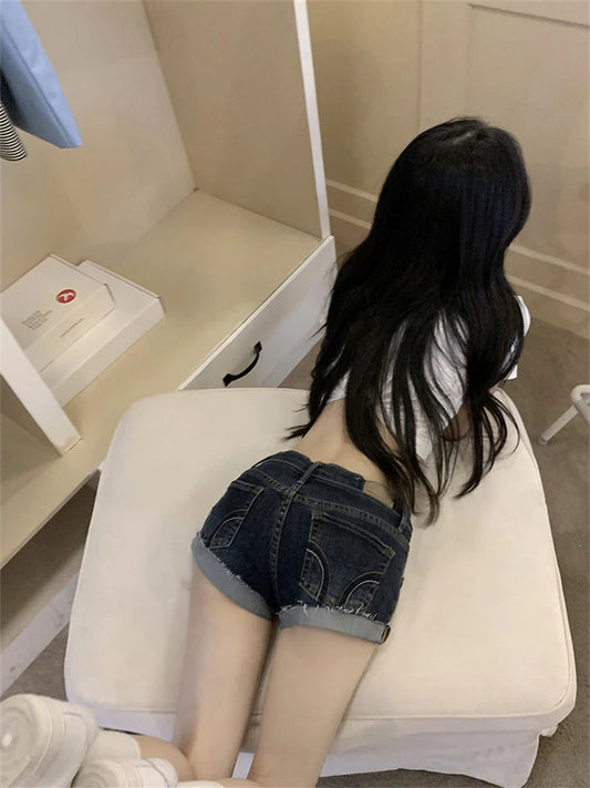 Women's Curled Edge Design Skinny Denim Shorts 90s Summer New Super Hot Girl Street Casual Female Hip Wrap Sexy Mini Shorts