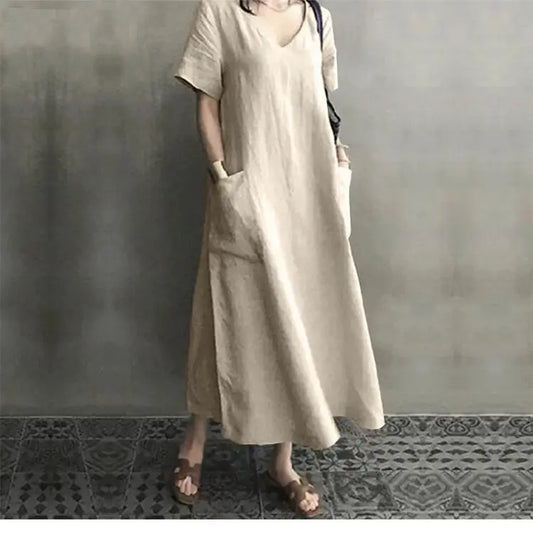 Cotton and linen V-neck women dress loose plus size short-sleeved long dress artistic national style retro women's clothing