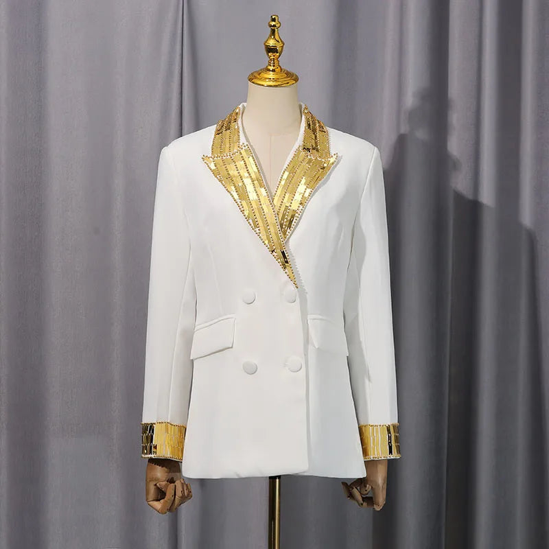 KBQ Hit Color Spliced Button Chic Blazer for Women Notched Collar Long Sleeve Patchwork Button Patchwork Beading Bazer Female