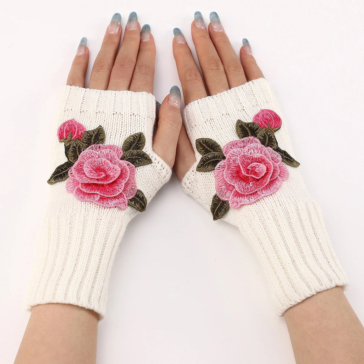 Handmade Embroidered Rose Gloves Women Fingerless Flowers Cuff Gloves Romantic Floral Mittens Hand Warmer Winter Soft Guantes