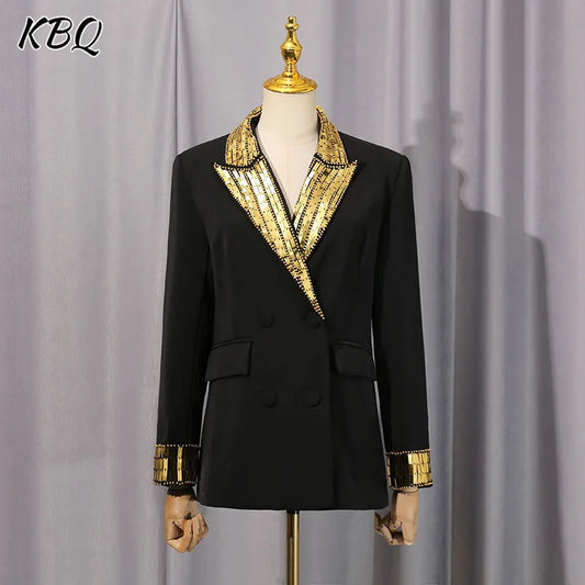 KBQ Hit Color Spliced Button Chic Blazer for Women Notched Collar Long Sleeve Patchwork Button Patchwork Beading Bazer Female