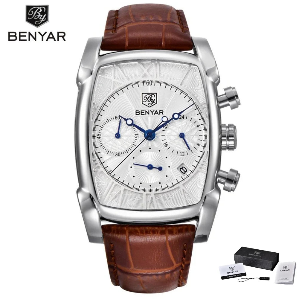 Relogio Masculino Mens Watches Top Luxury Brand BENYAR Chronograph Leather Quartz Watch Men Military Sport Rectangle Wristwatch