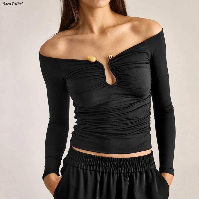 BornToGirl Sexy T Shirts Women Solid Slim Black Red Long Sleeve Slash Neck Top Female Party Nightclub Bodycon T-Shirt Tops Y2K