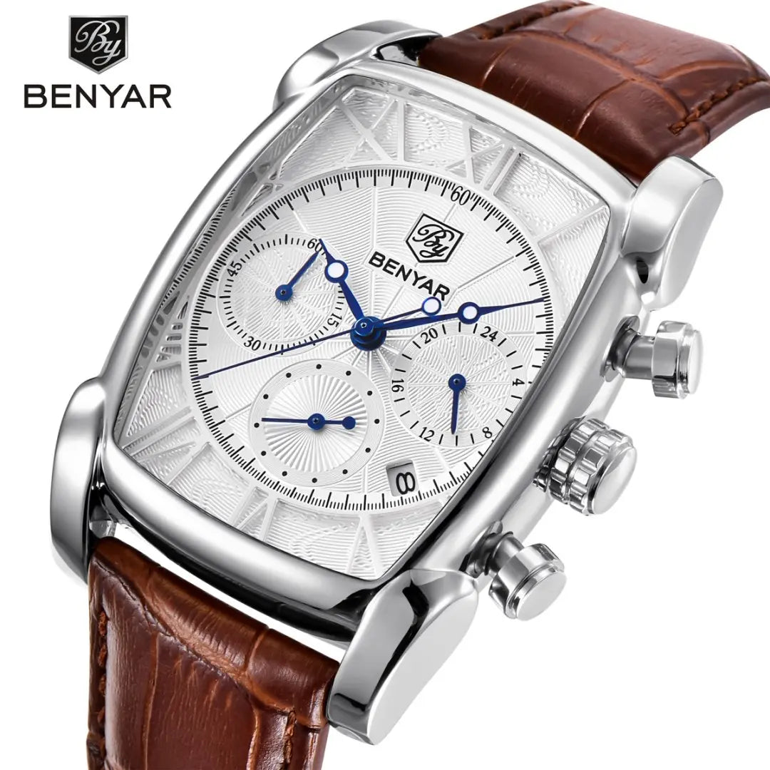 Relogio Masculino Mens Watches Top Luxury Brand BENYAR Chronograph Leather Quartz Watch Men Military Sport Rectangle Wristwatch