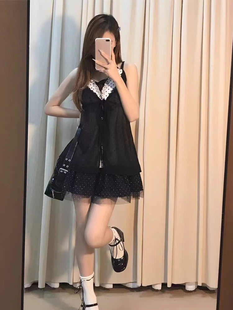 Vintage Gothic Slim Polka Dot Sling Dress Women's Summer 2025 New Lace Up Short Dresses Fashion Design Sleeveless Sweet Dress