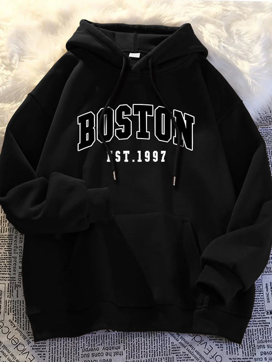 Men's autumn and winter casual fashion loose plus size Boston 1997 print fleece warm long sleeved hooded sweatshirt pullover