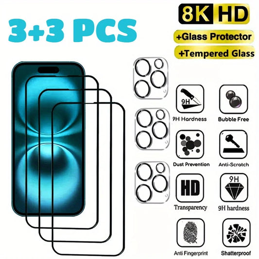 3Pcs Tempered Glass Screen Protector With Camera Lens Protector For IPhone 11 12 13 14 15 16 17 Pro Max 16e 17Air 15 16 14 Plus