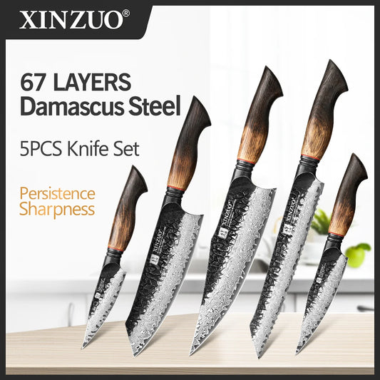 XINZUO 1-5PCS Damascus Steel Kitchen Knife 10Cr15CoMov Steel Core Chopping Vegetables And Fruits Household Kitchen Knife