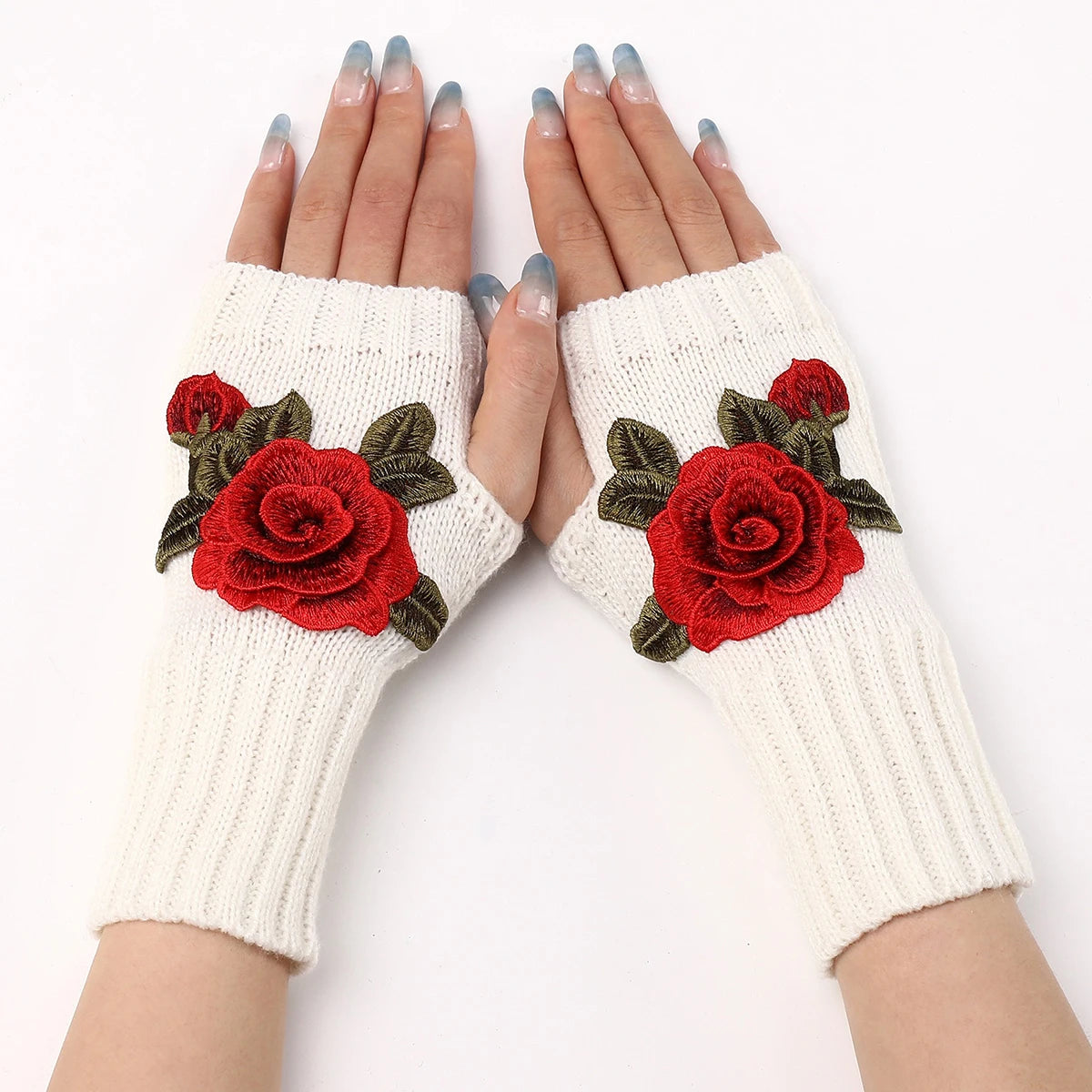 Handmade Embroidered Rose Gloves Women Fingerless Flowers Cuff Gloves Romantic Floral Mittens Hand Warmer Winter Soft Guantes