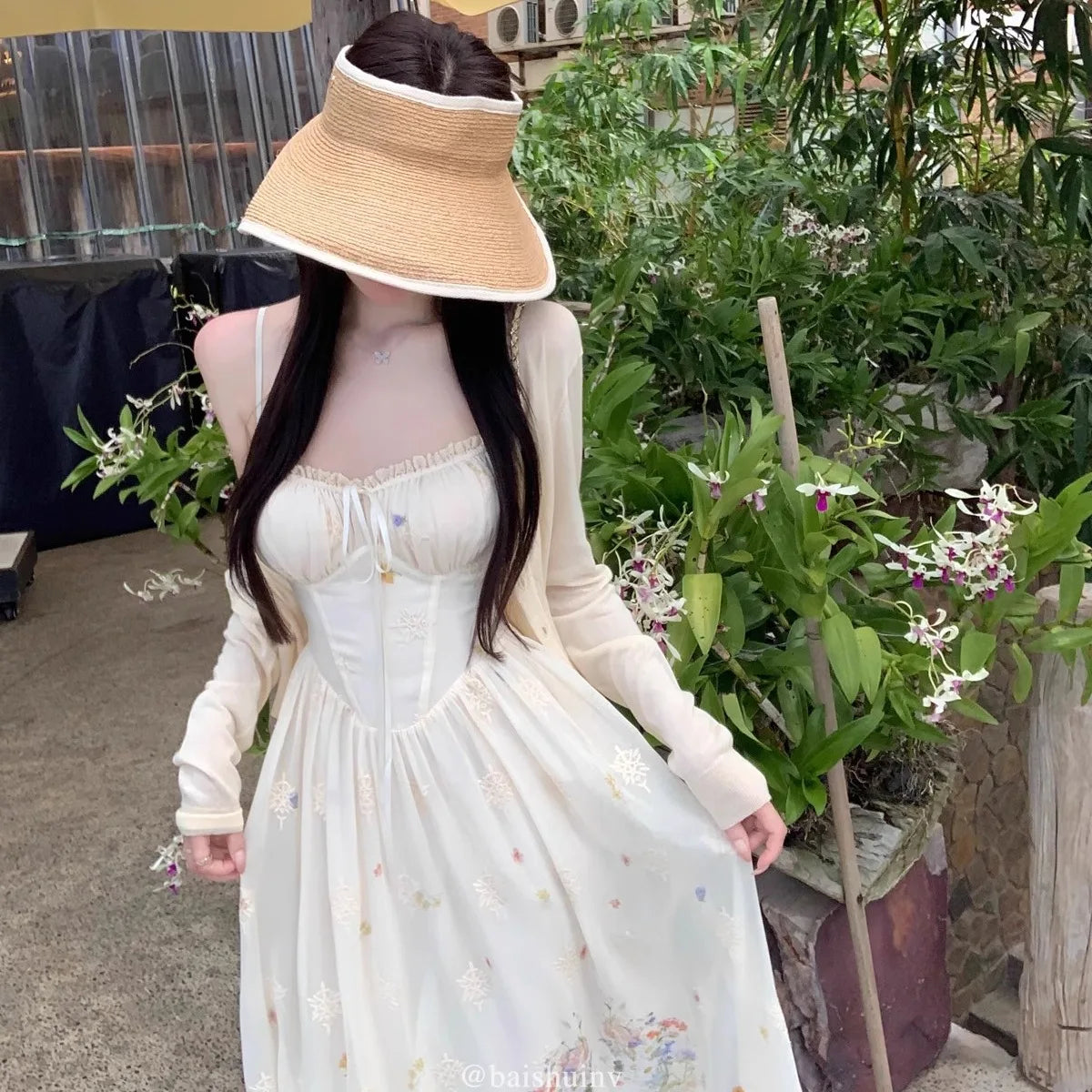 Floral Print Slimming Summer French Long Dress Strapless Gown Vacation New Style Heavy Embellished Waist Cinched Floral Dress
